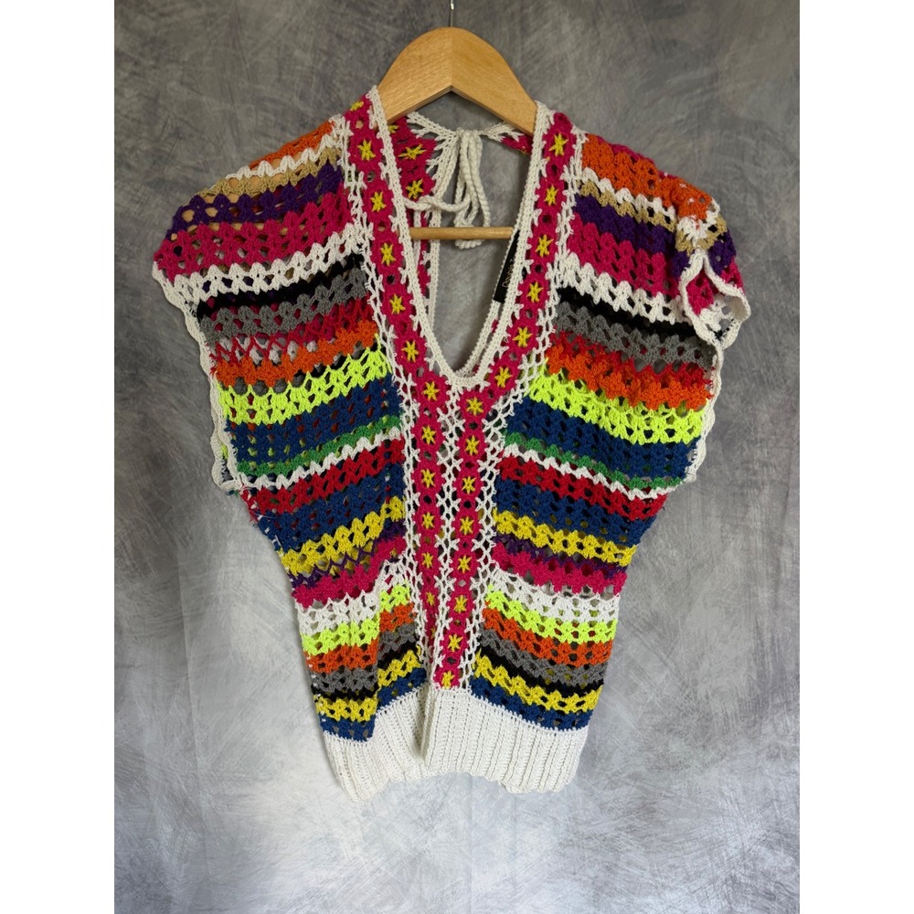 Double Zero Crochet Knit Top Multi Color Striped Boho V-Neck Small Granny Square
